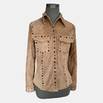 TRES JOLIE Tan Suede Leather Button Front Shirt Jacket Copper Grommets S/M G