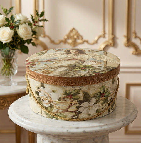 Lady Bowman Co Elizabeth Brownd Angel Christmas Hat Box Round 11" Vintage EXC