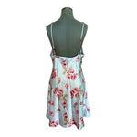 Vintage Satin Nightgown Size L Blue Pink Rose Print 3D Flowers Adjustable Straps