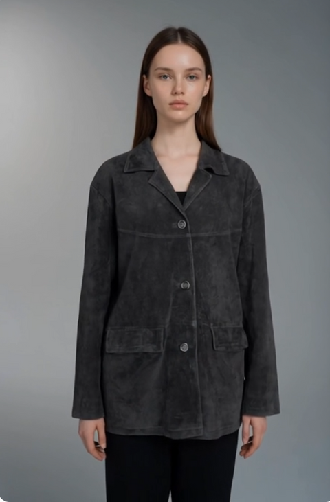 Vintage Jessica Holbrook Women's Black Suede Leather Blazer L Button Up Jacket