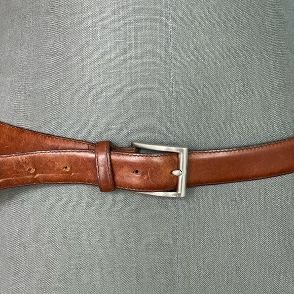 Men’s Brown Leather Belt with Silver Solid Brass Buckle Size XL