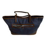 VESSEL Brown Blue Denim Canvas Leather Tote Bag Weekend Shoulder Zip Very Good