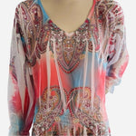 Daniel Benjamin Sheer Studded Tunic Blouse Dress Multicolor V-Neck Size M