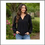 OLD NAVY Womens Top M Black Loose Fit Blouse Long Sleeve V Neck Viscose NWOT