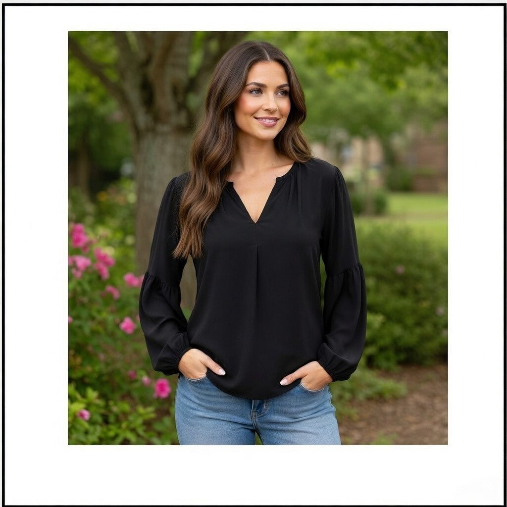OLD NAVY Womens Top M Black Loose Fit Blouse Long Sleeve V Neck Viscose NWOT