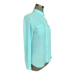 Loft Ann Taylor Light Teal Sheer Blouse SP Long Sleeve Button Front Pockets EXC