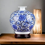 Vintage Blue White Round Profile Porcelain Vase 8.5" China Floral Wood Stand VG