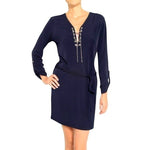 MICHAEL KORS Womens Dress M Navy Blue Midi Gold Chain Lace Up Belted Flowy NWOT