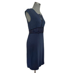 LOVE 21 Womens Navy Blue Lace Front Dress Sleeveless V Neck Sheath Midi Stretch