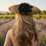 Vintage Wide Brim Natural Straw Sun Hat Black Satin Rose Flower Accent VG