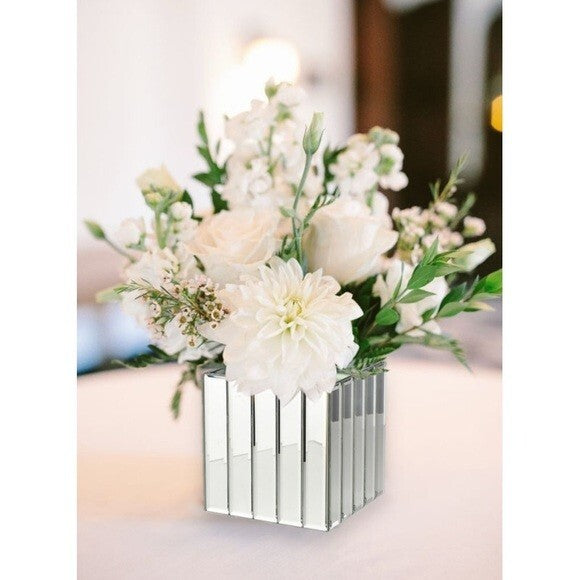 Johana Mirrored Glass Cube Vase Silver Planter Flower Pot Makeup Holder 6.5”