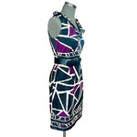 DRESSBARN Women’s Black Purple Tan Geometric Print Sheath Dress Size 8 Excellent