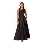 Women Dress Adrianna Papell One Shoulder Rushed Gown Blk Satin Beaded Maxi Dress