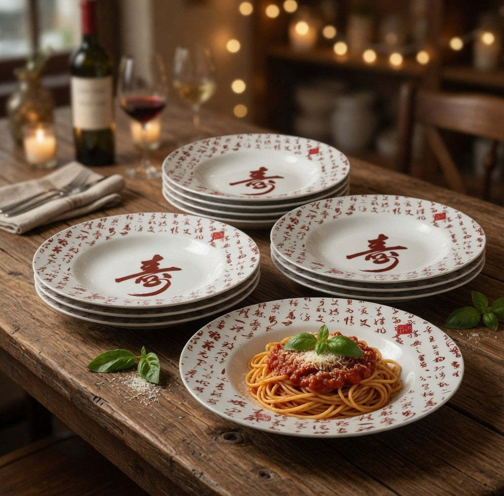 Chinese Calligraphy Shou Porcelain Pasta Soup Bowl Set of 7 White Red 8.5" EXC