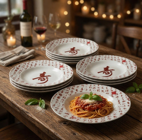 Chinese Calligraphy Shou Porcelain Pasta Soup Bowl Set of 7 White Red 8.5" EXC