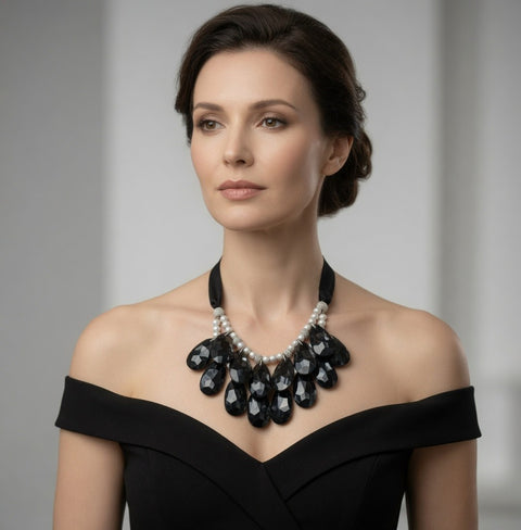 Double Strand Beaded Necklace Women's Black Teardrop Beads Statement Necklace