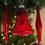 Vintage MCM Red Mercury Glass Christmas Ornaments 3pc Icicles Bell 3" Good