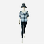 Universal Thread Women's Off Shoulder Blue White Plaid Cotton Blouse M Bubble VG