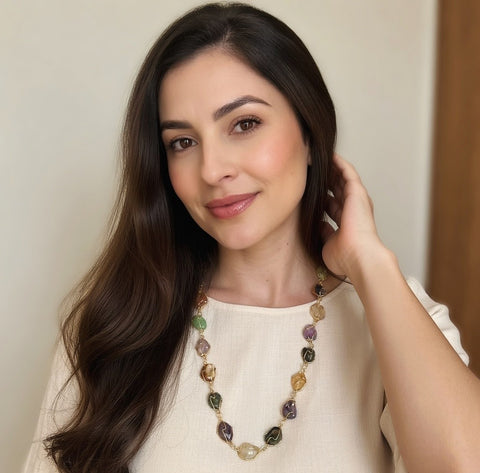 Vintage Gold Tone Wire Caged Multi Gemstone Statement Necklace 30.5" Unique EXC