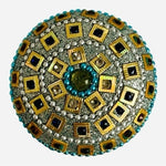 Handmade Indian Rhinestone Beaded Tin Jewelry Box 2.5x2.5x1.5" Blue Gold Trinket