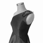 Women Dress Adrianna Papell One Shoulder Rushed Gown Blk Satin Beaded Maxi Dress
