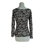 HANKY PANKY Womens Black Gold Floral Lace Blouse S Long Sleeve Scoop Neck Top G+