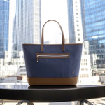 VESSEL Brown Blue Denim Canvas Leather Tote Bag Weekend Shoulder Zip Very Good