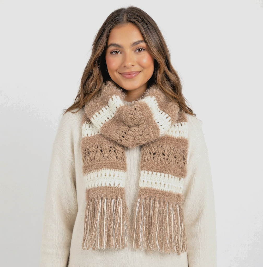 Scarf With Fringe WHBM Women's Scarf Beige Tan White Boho Hippie Neck Warmer