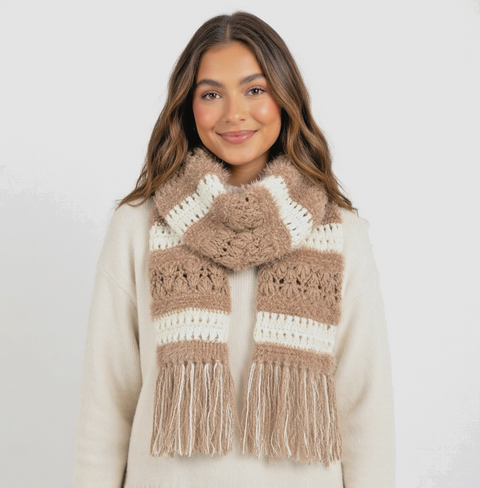 Scarf With Fringe WHBM Women's Scarf Beige Tan White Boho Hippie Neck Warmer