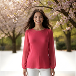 ELLE Pink Modal Long Sleeve Scoop Neck Blouse Women XS Sheer Ruched Top