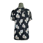 Ann Taylor Navy Blue Sheer Floral Keyhole Top M Loose Fit Short Sleeve Blouse