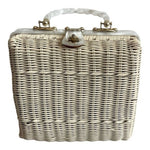 Vintage White Wicker Handbag Lucite Handles Pleated Purse Made Hong Kong 9x4x8"