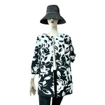 Susan Bristol Silk Floral Print Trench Jacket 3/4 Sleeve Black White Women M
