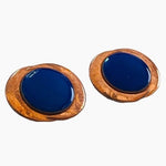 Antique Copper Blue Glass Button Clip On Earrings 1.25" Signed Genuine Copper