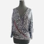 LOVESTITCH Womens Blouse M Grey Multicolor Floral Wrap Long Sleeve Knot Back VG