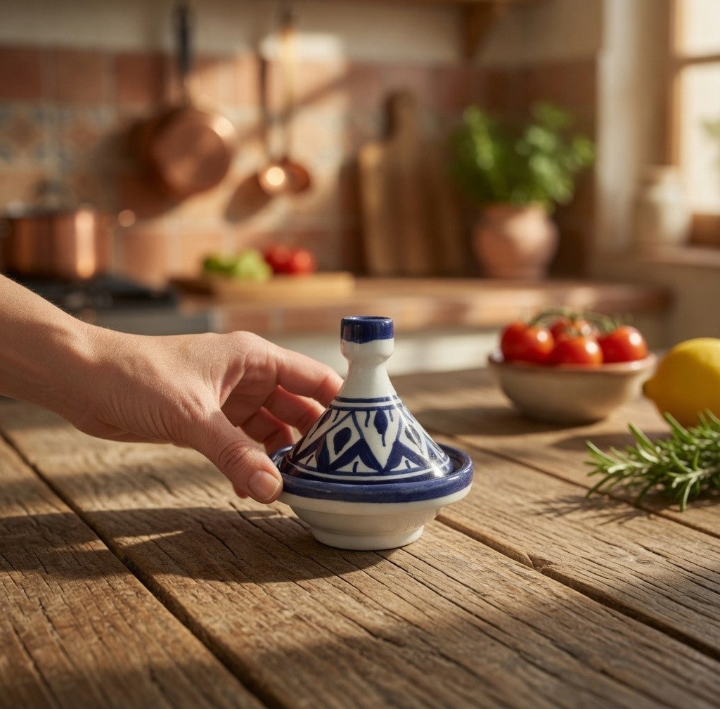 Moroccan Hand Painted Ceramic Mini Tagine Trinket Box Cobalt Blue 4.5" VG