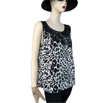Chico's Women's Black White Animal Print Satin Tank Top 2 (L) Sleeveless Blouse