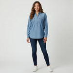 Old Navy Women's Light Blue Chambray Half Button Tunic Shirt M Long Sleeve VG
