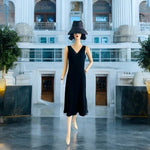 Vintage Jones NY Black V-Neck Ruffle Beaded Midi Ball Gown Dress Size 10 NWT