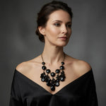 Black Faceted Bib Statement Necklace 19.5"-22.5" VG