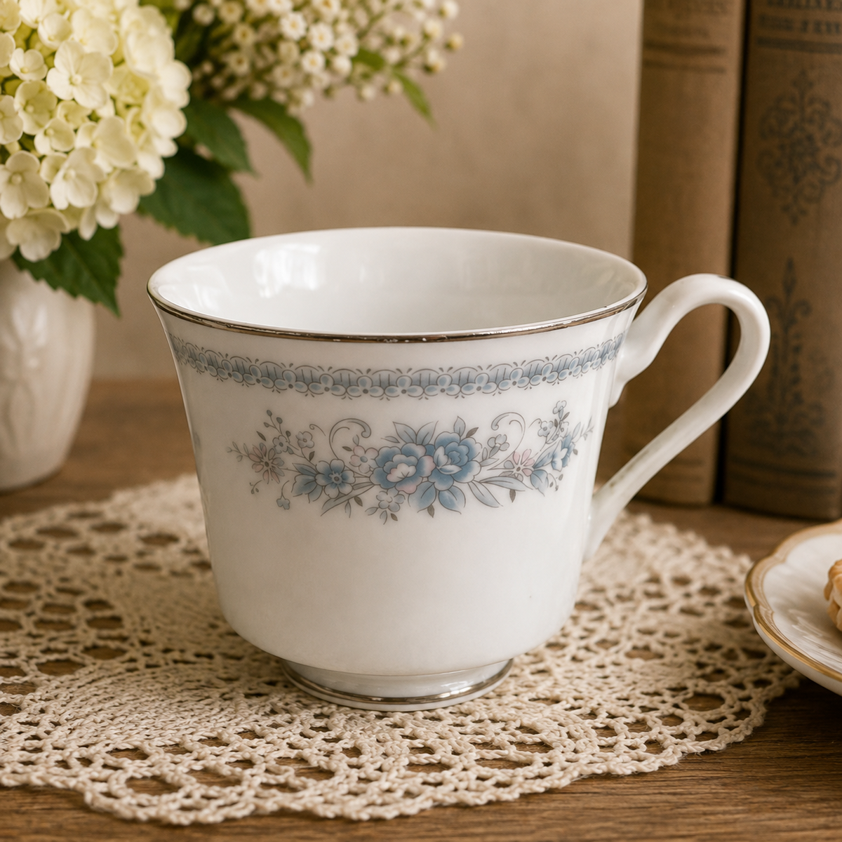 Christine Fine Porcelain China Japan Teacup Blue Floral Platinum Trim Vintage VG