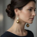 Vintage Gold White Double Ball Drop Dangle Earrings 2.5" Hook Style Heavy VG