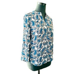 Daniel Rainn Paisley Chiffon Blouse White Blue V Neck Adjustable Sleeves Size M