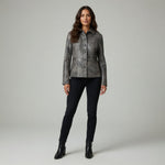 Chico's Women's Pewter Metallic Lined Blazer 0 (S) Button Front Long Sleeve EXC