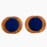 Antique Copper Blue Glass Button Clip On Earrings 1.25" Signed Genuine Copper