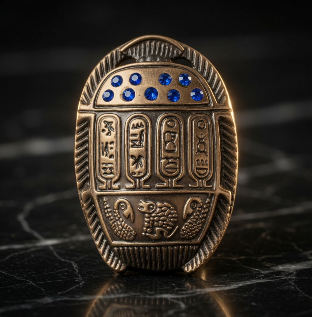 Egyptian Scarab Beetle Fridge Magnet Copper Tone Hieroglyph Blue Rhinestone EXC