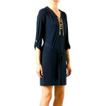 MICHAEL KORS Womens Dress M Navy Blue Midi Gold Chain Lace Up Belted Flowy NWOT