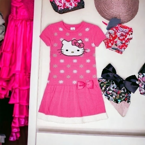Hello Kitty Girls Pink Sweater Dress Long Sleeve Knee Length Size 7-8 NWT