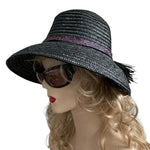 Vintage Black Purple Bow Wide Brim Sun Hat Woven Pleated Straw Beach Hat VG