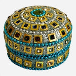 Handmade Indian Rhinestone Beaded Tin Jewelry Box 2.5x2.5x1.5" Blue Gold Trinket